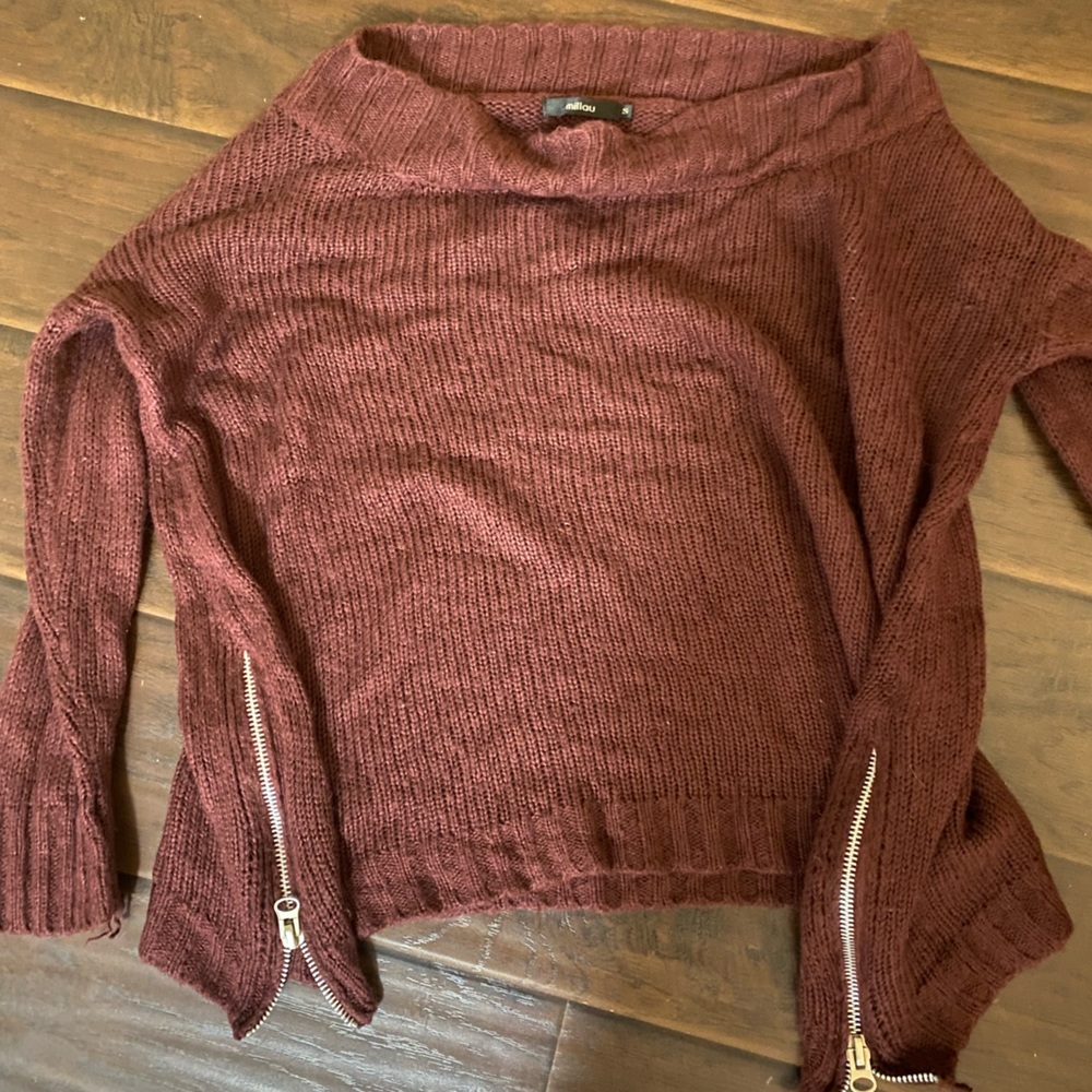 LF maroon sweater with side zippers, cowl neck